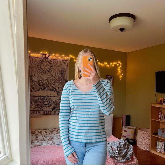 Vintage Tommy Hilfiger Teal & Gray Striped Long Sleeve Tee - Picture 1 of 4
